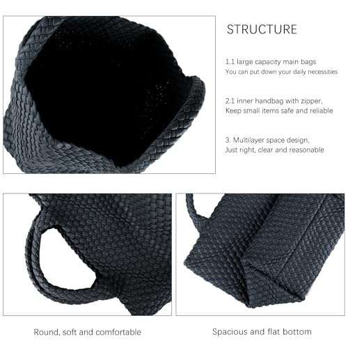 Image of Women's Vegan Leather Tote Bag - Handmade Woven Beach Bag, Travel Handbag with Purse & Top Handle Hobo Tote(Navy blue)
