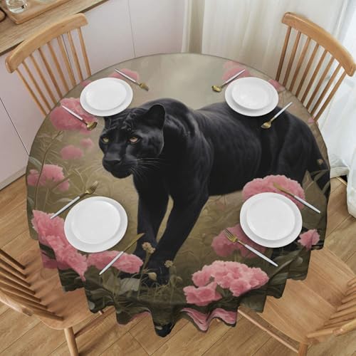 WZYCWB Nappe ronde imprimée panthère parmi des fleurs roses, protection de table de fête, 152,4 cm de diamètre, convient pour une salle à manger ou une...