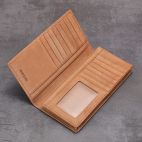 Image of HISCOW Full Grain Leather Men's Long Wallet, 15 Card Slots, Aniline Leather Tan, One Size, Classic | Gusseted bill compartment, tall bifold design, clear ID window, ideal for coat pockets or briefcases, turned-edge, gift box
