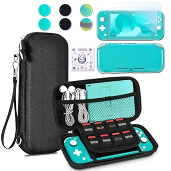 innoAura Switch Lite Case 12-in-1 Accessories Bundle for NS Switch Lite (2019), with Protective Carrying Case, Hand Strap, Screen Protector & Cute Thumb Grips, Black