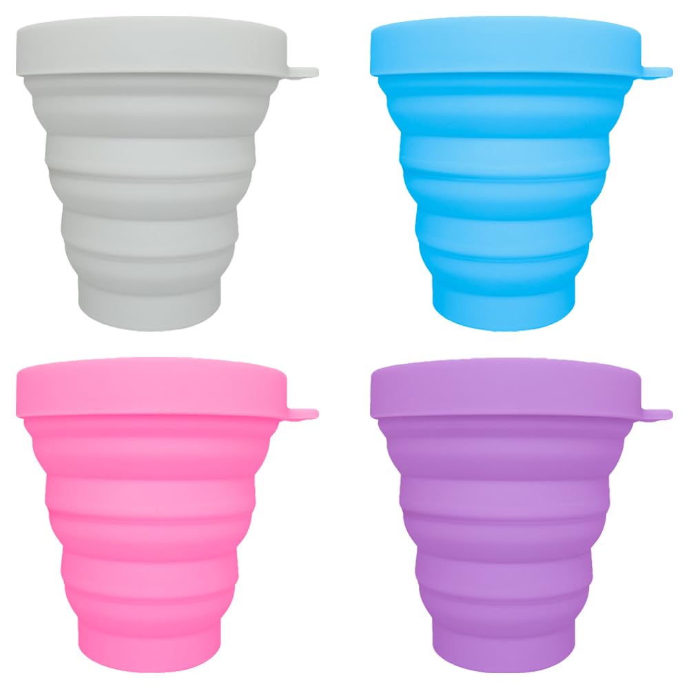 LoNinLoAn Silicone Foldable Cups, 4 Pcs Collapsible Cups with Lid, BPA Free Reusable Collapsible Travel Mugs for Picnic Camping Outdoor Hiking Travel(Grey+Blue+Pink+Purple)