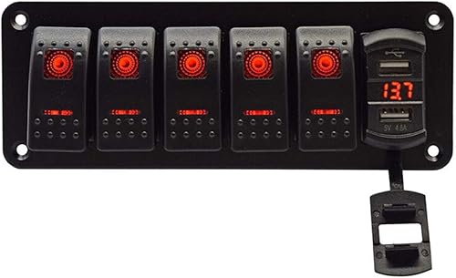5 Gang Rocker Switch Aluminum Panel with 4.8 Amps Dual USB Rocker Style Fast Charger with Voltmeter Blue Backlit Led Pre-Wired for Marine Boat RV