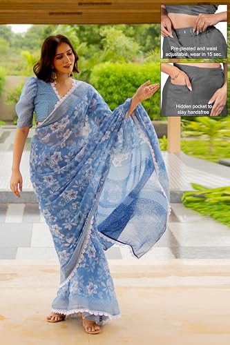 Image of MIRCHI FASHION Women's Ready-to-Wear Cotton Blend Pocket Saree || 1 Minute Drape Floral Printed Saree for Office & Daily Wear || Stitched Pleats Sari with Blouse
