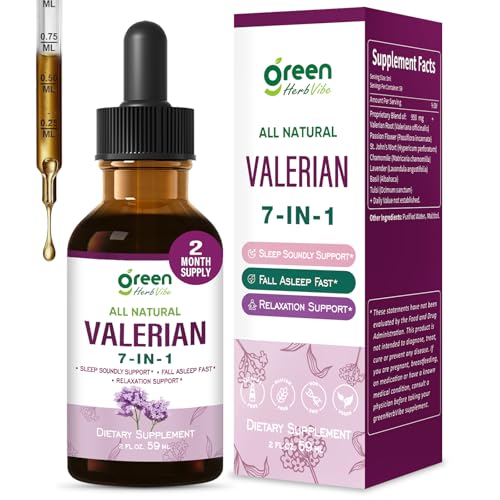 green Herb Vibe Valerian Root (Valeriana) Sleep Support Drops 7-in-1 Herbal Extract Liquid Tincture Supplement for Relaxation & Sleep Soundly & Deeply with Passion Flower Chamomile & Lavender. 2oz