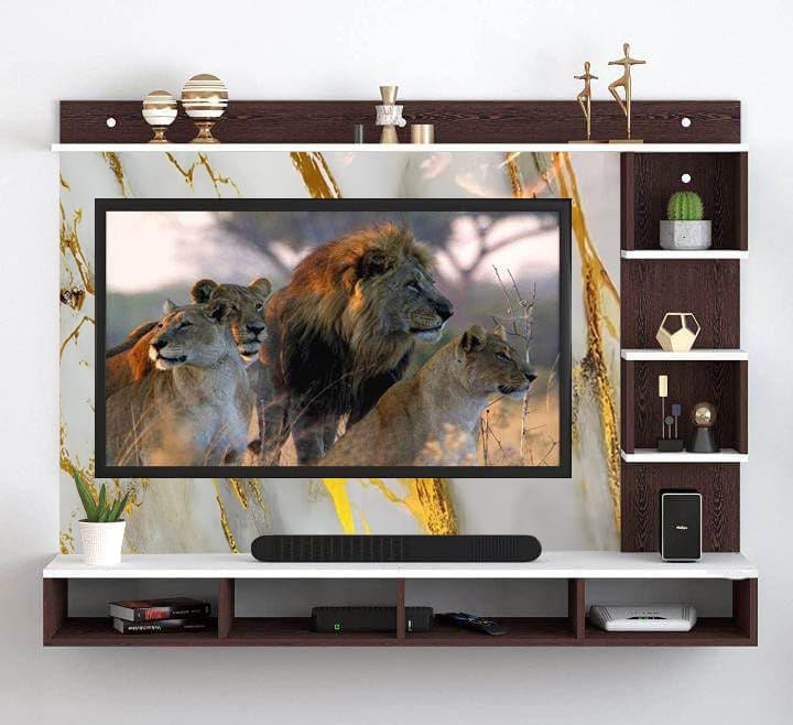 Wall Mount Tv Entertainment Unit/with Set Top Box Stand and Wall Shelf Back Side 3mm UPVC Self Adhesive Sheet (White-Gold, 24-40 Inches, Without Fitting)-image-1