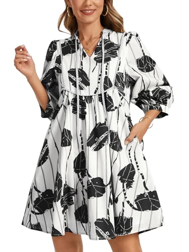 Image of EZAPINE Women Floral Babydoll Mini Dress V Neck 3 /4 Puff Sleeves A Line Flowy Swing Summer Sun Dresses