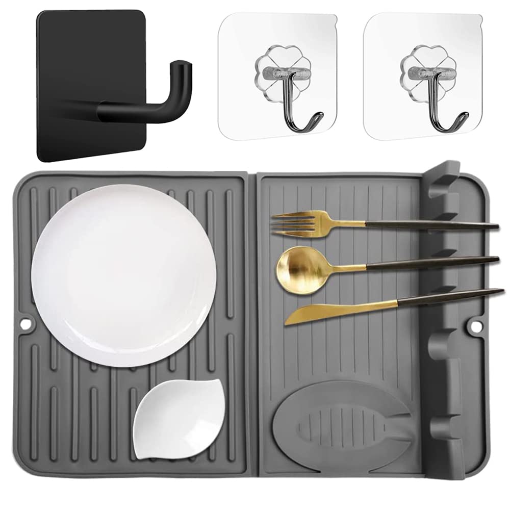 NAWOKEENYSilicone Dish Drying Mat for Kitchen Counter, Eco-Friendly Large Draining Mat, Foldable Heat Resistant Silicone Spoon Rest and Dish Drying Mats, Easy to Clean Multiple Usage Dish Mat (Gray)