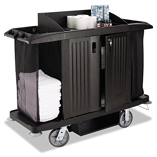 Rubbermaid Commercial Products Housekeeping Cart, Full Size, Black, Maid Cart, 3 Shelves, Cleaning Organization and Supplies Storage - Thumbnail 2