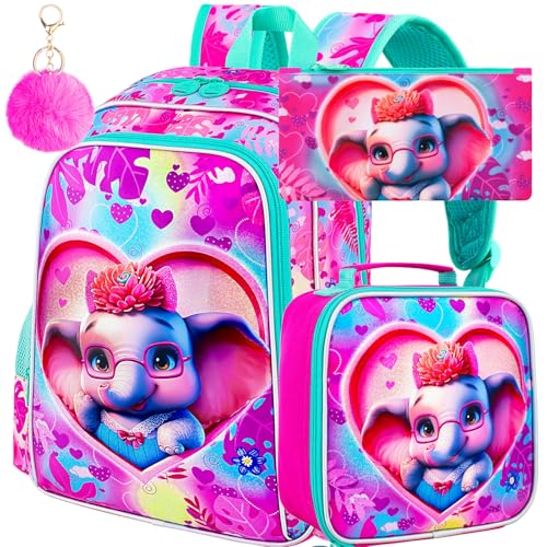 Image of 16 inch Girls Backpack, 3Pcs Elephant School Bookbag with Lunch Box, Kids Backpacks for Elementary Preschool Kindergarten(Pink)