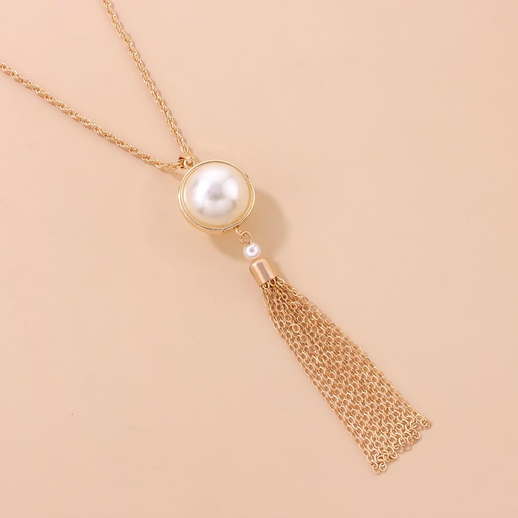 Long Tassel Necklace Gold Pearl Pendant Necklaces Sweater Chain Y Necklace for Women - Image 9