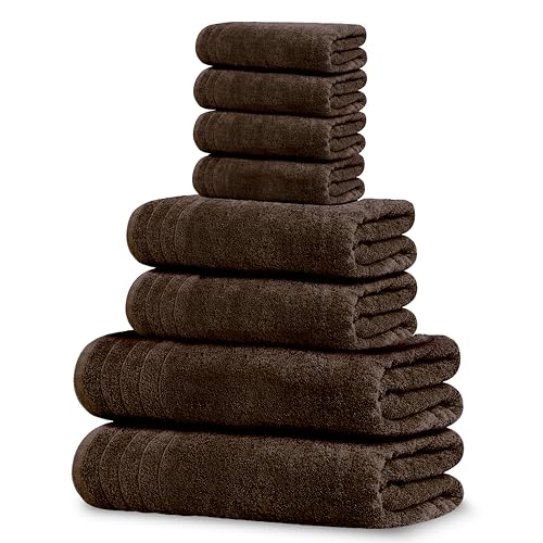 Tens Towels Pack of 8 Towels Set, 2 Extra Large Bath, 2 Hand, 4 Washcloths, 100% Cotton, Lighter Weight, Quicker to Dry, Super Absorbent, Perfect for Bathroom, Brown