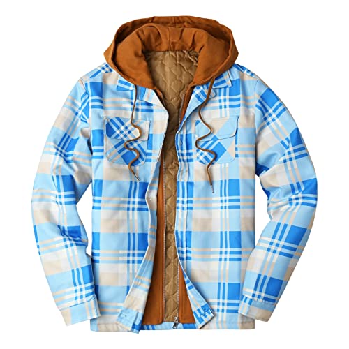 Mens Thermal Quilted Lined Flannel Sherpa Shirts Jackets with Hood Button Down Long Sleeve Thicken Warm Lined Plaid Jacket(I#Sky Blue,Large)