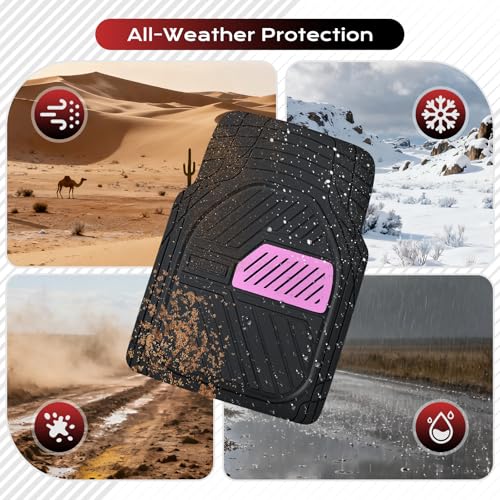 Image of Coverado Floor Mats for Cars, Black and Pink Rubber Car Mats Full Set, Deep Dish Waterproof Universal Trim-to-Fit Car Floor Mats, Durable All Weather Automotive Car Mats for Cars Trucks SUV