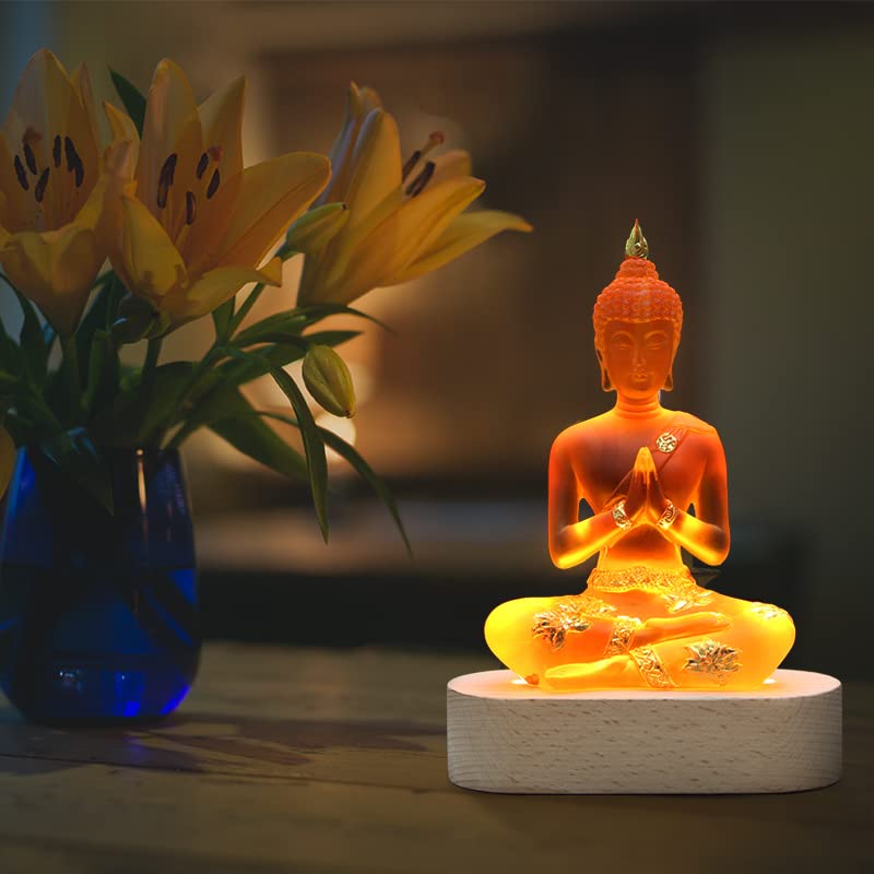 Vimtrysd Buddha Statue with LED Light Base, 7'' Seated Small Figurine Collectibles Meditation Decor, Transparent Sculpture Ornaments for Spiritual Living Room, Yoga Zen, Home Decoration