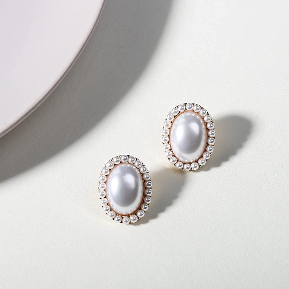 Pearl Clip on Earrings for Women Non Pierced 14K Gold Plated Oval Earrings - Image 5