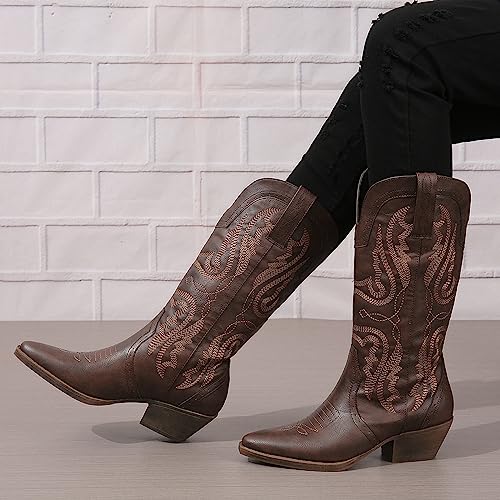 Image of SelRoys Cowboy Boots for Women Cowgirl Mid Calf Western Boots Embroidered Stitched Pointed Toe Chunky Block Heel Brown Red Black US5-11