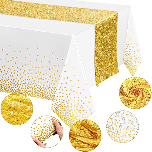 Image of Irenare 2 Pcs White and Gold Tablecloth and Sequin Table Runner Set Polka Dots Confetti Table Cover Dining Plastic Tablecloths Glitter Decorations for Birthday Wedding Anniversary Party Supplies