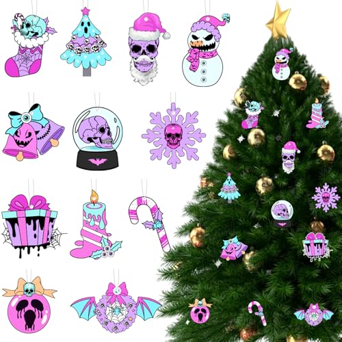 Fangleland Pastel Christmas Gothic Wooden Ornaments for Tree Spooky Gothic Skull Crystal Ball Snowman Hanging Decorations for Xmas Winter Holiday Party Outdoor Indoor