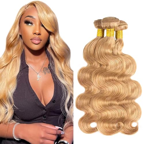 #27 Blonde Human Hair Bundles Body Wave Bundles 24 26 28 Inch Unprocessed Brazilian Virgin Remy Hair 3 Bundle Honey Blonde Body Wave Human Hair Extensions 50 Gram Per Bundle For Women