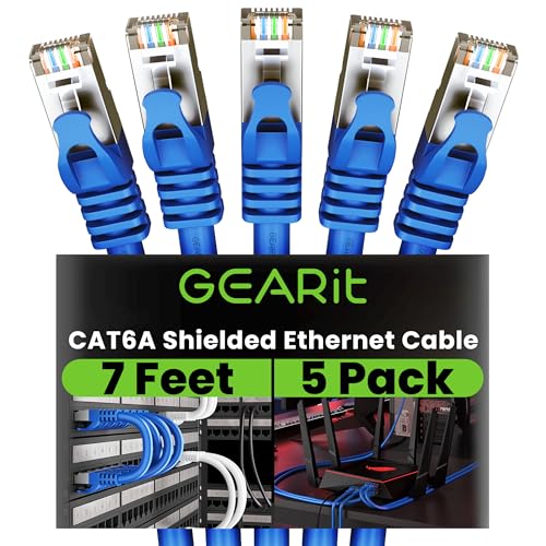 GEARit Cat6A Ethernet Cable (7 ft, 5-Pack, Blue) 10Gbps Snagless Shielded SSTP, SFTP Shielded Ethernet Cable, 26AWG 4 Pair Solid Bare Copper Cat6 Cable, Cat 6 Shielded Network Cable - 7 feet