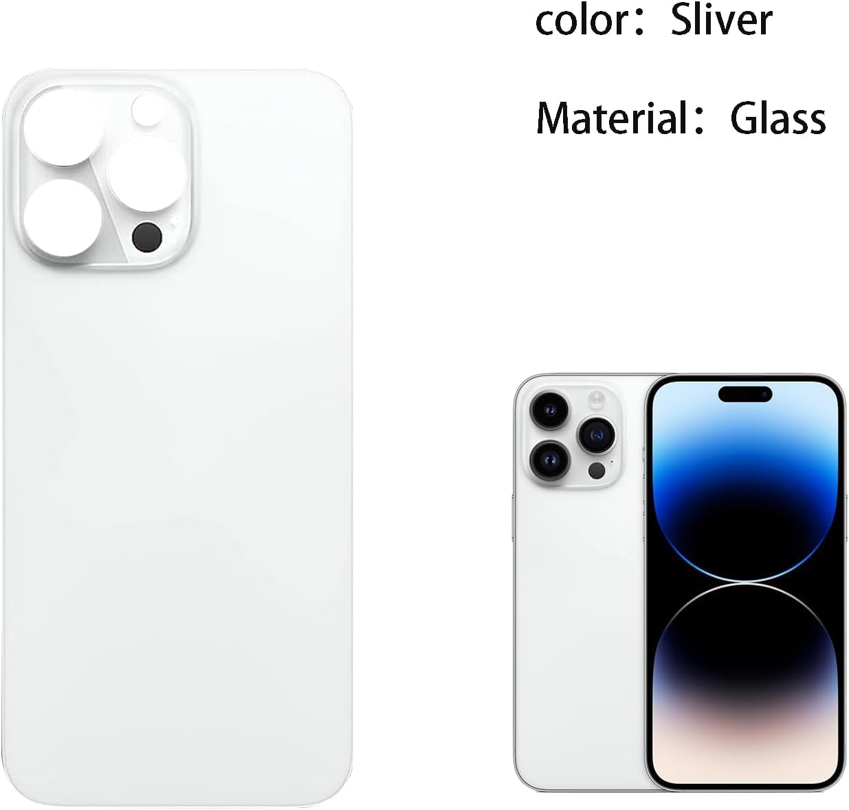 Silver 14 Pro Rear Back Glass Cover Replacement for iPhone 14 Pro 6.1 inches with Repir Tools, Big Hole Rear Back Cover Glass Replacement All Carriers with Reparing Tool Kit