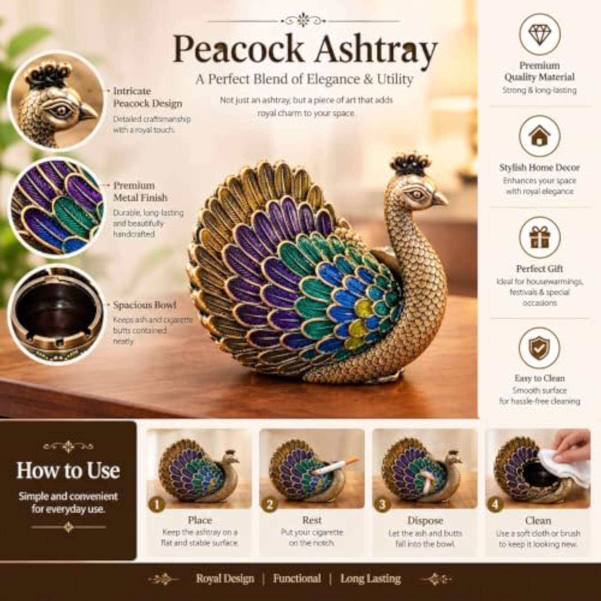 Decorative Peacock Ashtray for Home