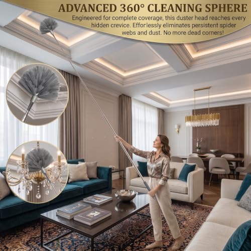 Image of Dishmatic 3 in 1 Long Handle Microfiber Feather Ceiling Duster with Extendable Pole 30-100 Inch with Anti Scratch Bendable Head for Cleaning High Cobweb Stick High Ceiling Fan