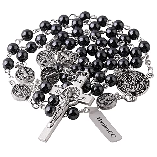HanlinCC 6mm Hematite Stone Black Beads Catholic Saint Benedict Rosary Necklace for Men and Boy with St.Benedict Center Piece and Crucifix with Metal Gift Box2