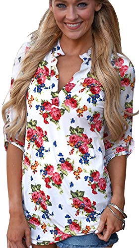 Mujeres Camisa Elegante Blusa Mangas Largas Camiseta Polsillo Escote V (Flor (Blanco), S/EU 36-38)