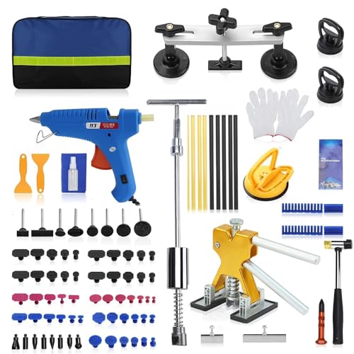 RVGIVE 100 PCS Car Dent Puller Kit Professional,Dent Puller with Bridge Puller,Golden Lifter,2-in-1 T-Shaped Hammer Puller,Glue Gun,for Repairing Minor and Deep Dents in Auto.