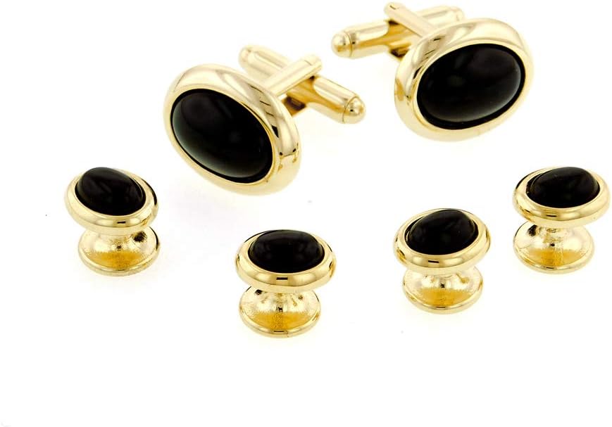 JJ Weston Low Dome Onyx Tuxedo Cufflinks and Shirt Studs. Made in The USA