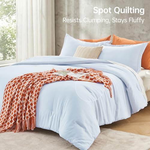 Image of MUXHOMO Queen Comforter Set, All Season Ultra Soft Down Alternative Bedding - 3 Piece Lightweight Bed Set Includes 1 Comforter (90 inchx90 inch) and 2 Pillow Shams (20 inchx26 inch), Light Blue