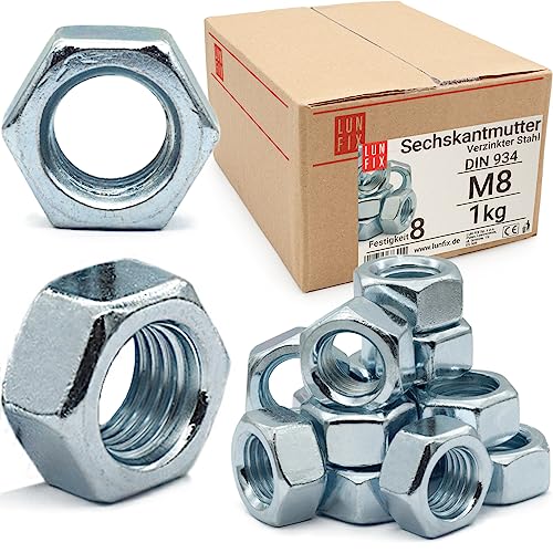 Sechskantmutter M8-1 Kg (ca.215 Stk.) Festigkeit 8 Verzinkter Stahl Regelgewinde DIN 934 Muttern für Schrauben Metrisches Mutter für Gewindebolzen Sechskantmuttern für Gewindestangen