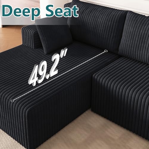 Image of 124 inch U-Shape Cloud Couch, Modern Modular Sectional U-Shape Sofa, Corduroy Boneless Couch Upholstered Couches Deep Seat Sleeper Chaise Longue for Living Room, No Assembly Required, Black