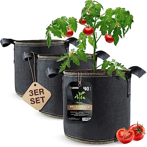 DIYer lohag® Premium Vliesstoff-Pflanzsack - 40 Liter, 3er Pack | Für Kräuter, Blumen, Gemüse & Zimmerpflanzen | Robuste, Wiederverwendbare Pflanzbeutel - Die Gesunde Alternative zum Blumentopf