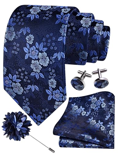 Image of GUSLESON 3.15 inch(8cm) Mens Floral Tie and Lapel Pin Necktie Hankerchief Cufflinks Set for Men
