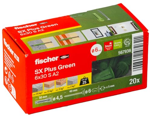 fischer Spreizdübel SX Plus Green 6 x 30 S mit Edelstahlschraube A2, nachhaltige Dübel aus 50 % nachwachsenden Rohstoffen, 4-fach Spreizung, der Spezialist im Vollbaustoff, 20 Dübel und 20 Schrauben