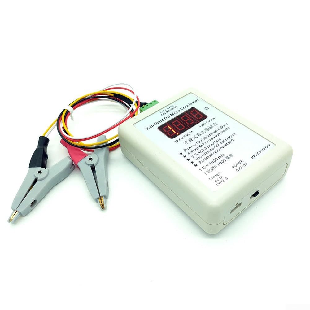 YMC01 Handheld-Gleichstrom-Milliohm-Messgerät, Vierdraht-Kelvin-Niedrigwiderstandsprüfer mit Typ-C-Aufladung, 2R/20R Bereich für Spule, Schalter und Relais-Tests (kleiner Clip 20R)