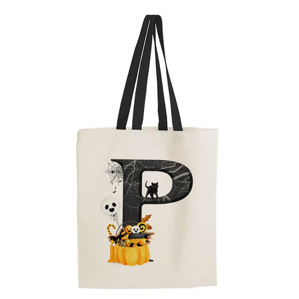 Halloween Bags, Initial Tote Bag, Gifts for Girl, Trick or Treat Bag, Halloween Pumpkin Party, Girl Gift, Reusable Bag, Shopping Bag, Black Handle Tote Bag. (P)