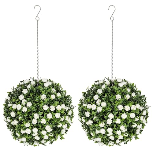 HOMCOM Set of 2 Decorative Artificial Plants UV-protected Artificial Plant Topiary Rose Balls Fake Plants for Home Indoor outdoor Decor 28cm White