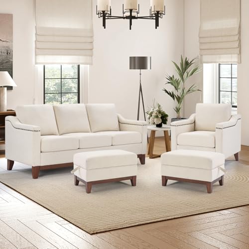 Image of HAOMARKETS 4 Piece Chenille Sofa Set with Nailhead Trim, Included Single Accent Chair, 3-Seater Sofa Couches with Thicked Cushion and 2 Storage Ottoman with Flip-Top Table for Living Room, Beige