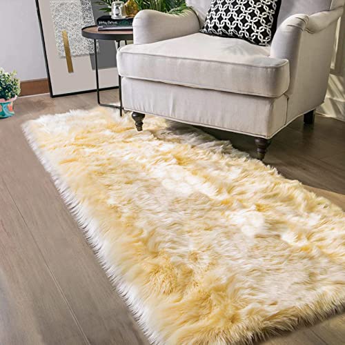 Latepis Light Yellow High Pile Faux Fur Runner Rug, 2x10 ft, Hallway, Bedroom, Living Room