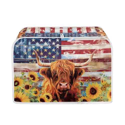 Salabomia Highland Cow 2 Slice Toaster Cover with American Flag Design - Washable, Durable Dust Cover for Kitchen Appliances, Anti-Sputtering Protector, P58-11-118