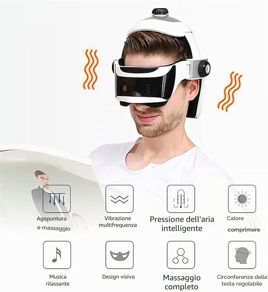 Casco riscaldato 3 in 1 per massaggio del cuoio capelluto e del collo, con compressione ad aria e impasto, massaggiatore portatile per la testa per alleviare l'emicrania, ridurre lo stress, sonno