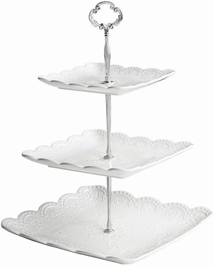 WINCANG 3-Tier Porcelain Square Lace Stacked Party Cupcake and Dessert Tower - White Cake Stand (3 Tier, White)