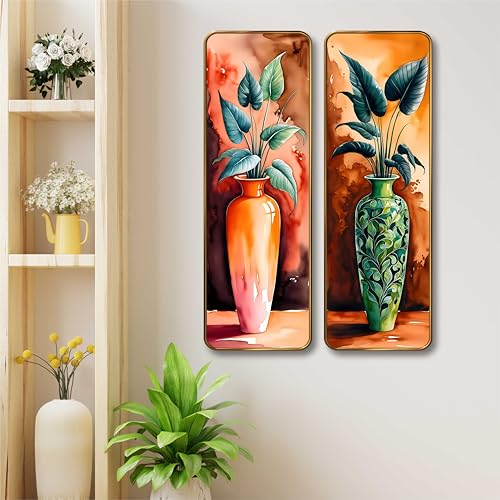 Image of Livin'luxe Vase Plant Set of 2 Vertical MDF Wall Panels | Premium Sparkle Lamination Finish | Modern Artistic Pot & Leaf Design Wall Decor for Living Room & Bedroom 20 Inch x 30 Inch