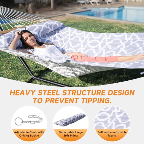 Image of Everyfun 2 Person Outdoor Hammock with Stand, Cotton Rope Hammock with Polyester Pad, Adjustable Steel Frame, Portable with Carrying Bag - for Patio, Backyard, Garden, Beach, Cloud-Gray