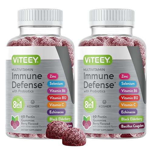 Viteey Multivitamin Gummies 8 in 1 Immune Support Supplement with Probiotics - Immune Boosters for Adults & Teens - Vegan, Gelatin Free, GMO Free - Chewable Berry Flavored Pectin Immune Defense