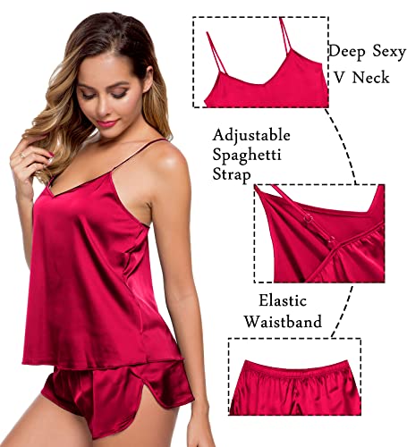 Image of SWOMOG Womens Silk Satin Pajamas Sets 4pcs Sleepwear Sexy Cami Shorts Set and Button Down Short Sleeve Pjs Loungewear