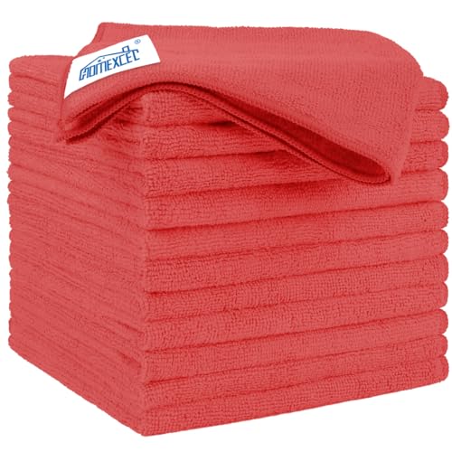 HOMEXCEL Lot de 12 chiffons de nettoyage en microfibre ultra absorbants, non pelucheux et sans traces pour voiture, cuisine et fenêtres - Rouge - 31,8 x 31,8...